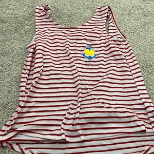 Red and white striped with fishing hook on a pocket tank top